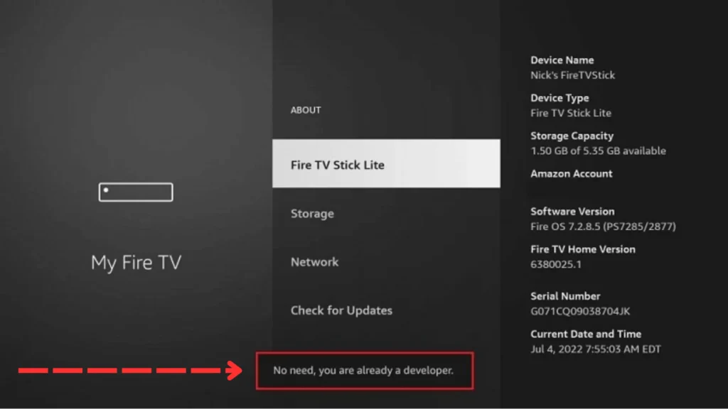 Developer option on fire tv showing you are already a developer
